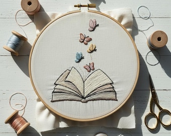 Book With Butterflies Embroidery Design, Book Embroidery Template PDF File (Instant Download)