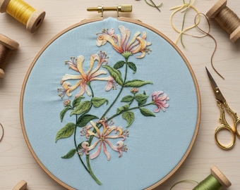 Honeysuckle Flower Hand Embroidery Design, Honeysuckle Embroidery PDF File