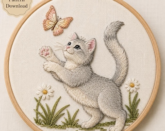 Kitten and Butterfly Hand Embroidery Pattern / Instant Download PDF / Playful Cat Tutorial / Fluffy Tabby Hoop Art Cute Nursery Decor Gift