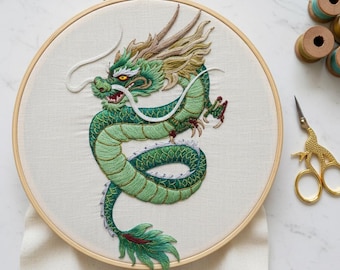 Patrón de bordado de dragón verde (PDF) / Diseño de bordado a mano de animal mítico chino / Plantilla de puntada de fantasía DIY