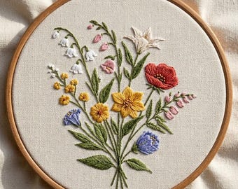 野の花束の刺繍手刺繍パターン、モダンなフープアート、6サイズ（PDFダウンロード）