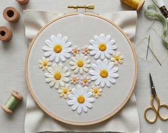 Diseño de bordado a mano de corazón de margarita, archivo PDF de bordado de corazón floral