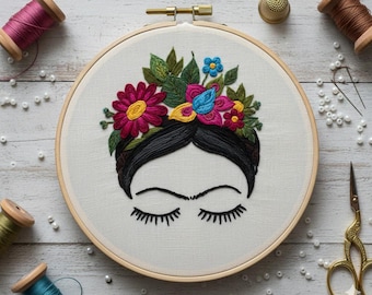 Diseño de bordado floral de Frida, archivo PDF de bordado de Frida