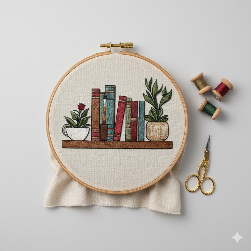Bookshelf Embroidery Pattern PDF | Books and Plants Hand Embroidery ...