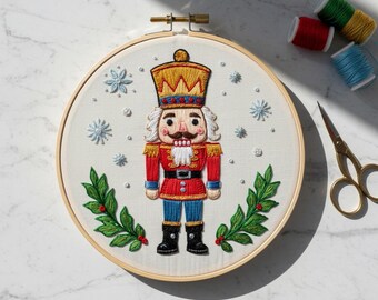 Nutcracker Soldier Embroidery Pattern PDF | Holiday Christmas Toy Hand Embroidery Design with Holly | DIY Festive Stitch Template