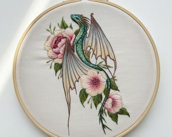 Floral Dragon Hand Embroidery, Dragon Embroidery Design, Instant download (PDF template)