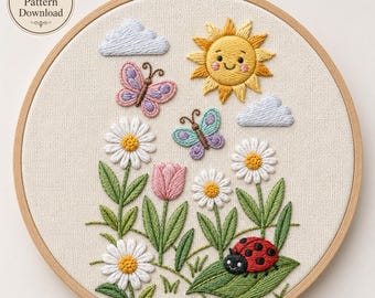 Summer Garden Hand Embroidery Pattern / Instant Download PDF / Cute Ladybug Sun Design / Butterfly Flower Hoop Art Nursery Decor Gift