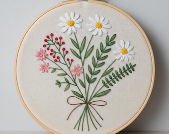 ワイルドフラワーブーケの刺繍デザイン、ワイルドフラワーの刺繍テンプレート PDF ファイル（即時ダウンロード）