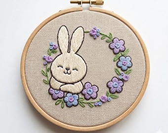 Rabbit Wreath Hand Embroidery Design, Floral Wreath Embroidery Pattern PDF File