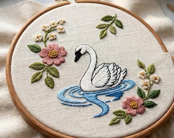 Swan In Lake Embroidery Design, Swan With Flowers Hand Embroidery Pattern, Swan Embroidery Design PDF Download