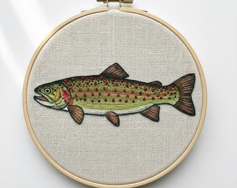 ニジマスの手刺繍、魚の刺繍デザイン、即時ダウンロード（PDFテンプレート）