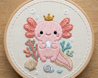 王冠をかぶったメキシコサンショウウオの刺繍パターン、かわいいメキシコサンショウウオの手刺繍デザイン、メキシコサンショウウオの刺繍デザインPDFダウンロード