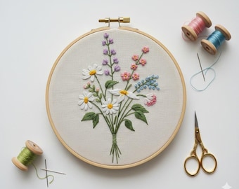 Kit de bordado a mano con flores silvestres atadas, archivo PDF de bordado de ramo de flores de primavera