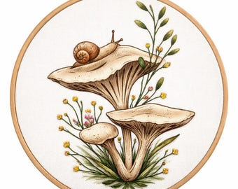 Snail With Mushroom Hand Embroidery, Mushroom Embroidery Design, Instant download (PDF template)