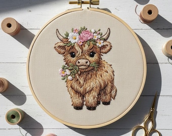 Bordado a mano de vaca de las Tierras Altas, diseño de bordado de animales, descarga instantánea (plantilla PDF)