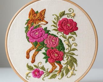 Floral Fox Hand Embroidery Pattern, Modern Hoop Art, 6 Sizes (PDF Download)