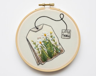Floral Teabag Hand Embroidery, Floral Embroidery Design, Instant download (PDF template)