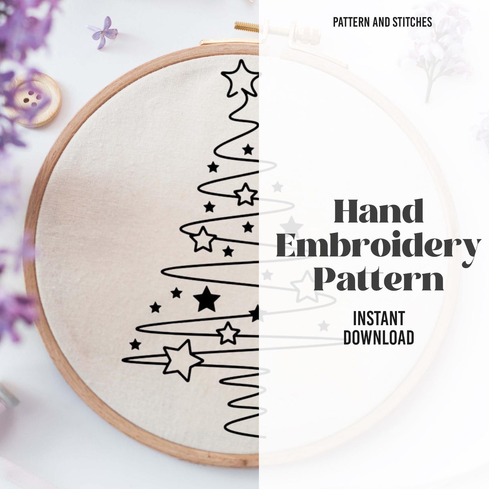 Golden Christmas Tree Embroidery Pattern PDF | Starry Holiday Hand ...
