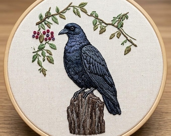 Raven and Berries Embroidery Design, Raven Hand Embroidery Pattern, 6 Sizes PDF Download