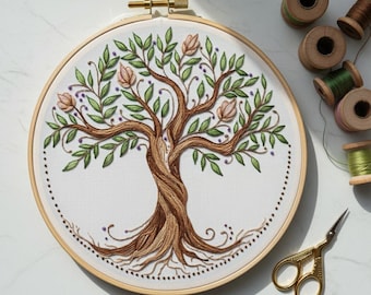 Diseño de bordado a mano del Árbol de la Vida, Patrón de bordado a mano, Plantilla de bordado floral, PDF de bordado digital, Manualidades DIY