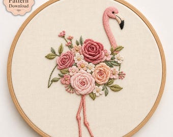 Flamingo Hand Embroidery Pattern / Instant Download PDF / Floral Bird Tutorial / Pink Rose Hoop Art Tropical Garden Decor Gift