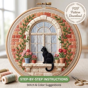 May include: An embroidery hoop featuring a stitched scene of a black cat sitting on a windowsill against a brick wall with climbing vines and potted flowers. The design includes an arched window and text reading PDF Pattern Download.