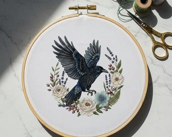 Flying Raven Hand Embroidery Pattern , Floral Hoop Embroidery Design, Hand Embroidery, Embroidery PDF