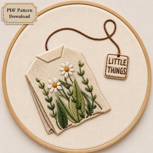Teabag Floral Bouquet Hand Embroidery Pattern PDF | Wildflower Chamomile Digital Template | Little Things Tea Leaf Hoop Art Design