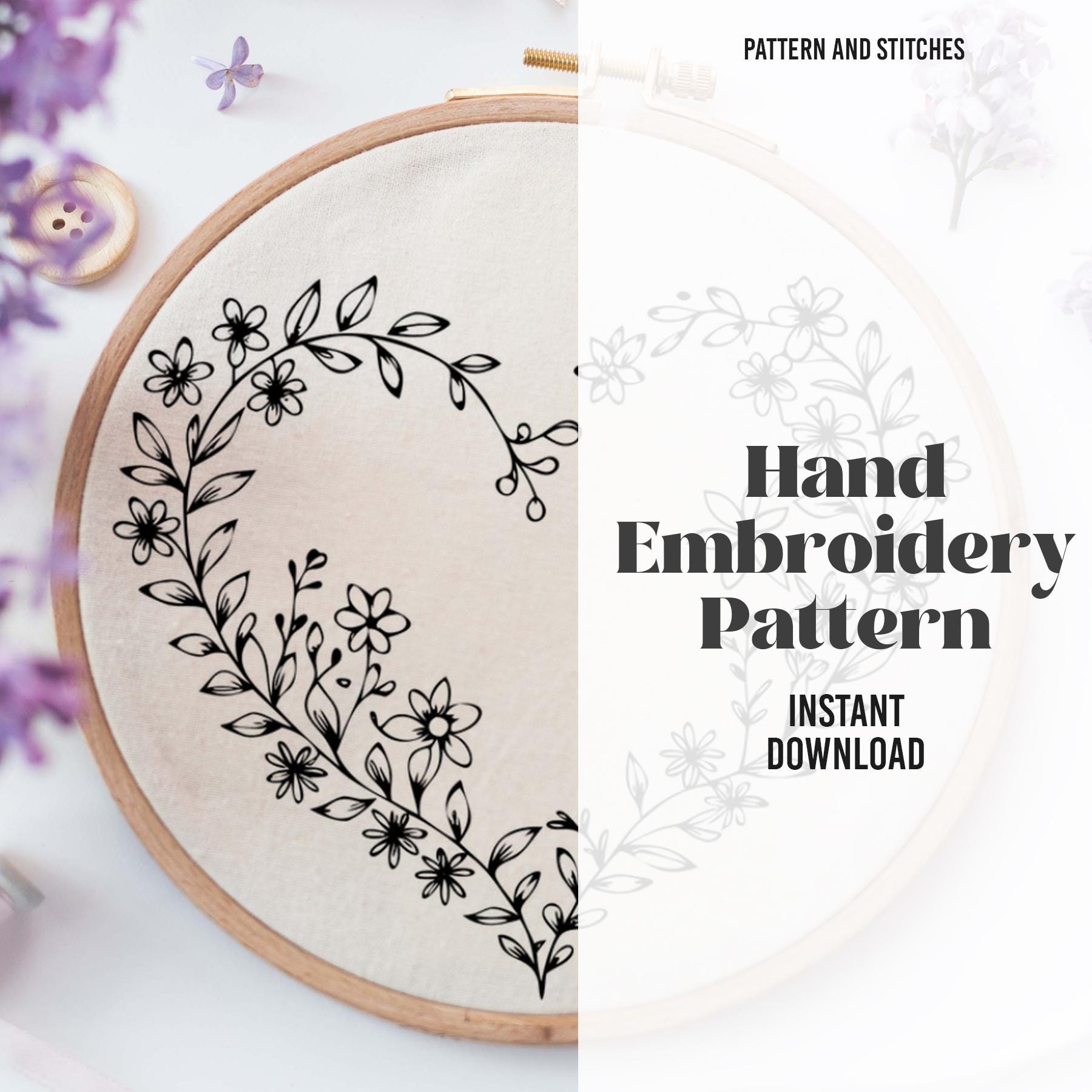 Floral Heart Wreath Embroidery Pattern PDF | Wildflower Hand Embroidery ...