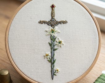 Diseño de bordado a mano de espada floral, patrón de bordado de espada con flores, archivo PDF