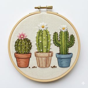 Puede incluir: Arte de cactus bordado en un aro de madera. Se muestran tres cactus en macetas de terracota, beige y azul. Los cactus son verdes con detalles blancos y están rematados con flores rosas y blancas.
