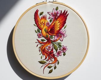 花柄フェニックスの手刺繍、フェニックス刺繍デザイン、即時ダウンロード（PDFテンプレート）
