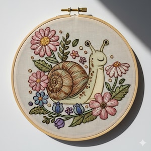 Peut inclure: Broderie artisanale dans un cercle en bois. Le motif représente un escargot souriant avec une coquille marron, entouré de fleurs roses, bleues et jaunes et de feuilles vertes. Le fond est en tissu beige clair.