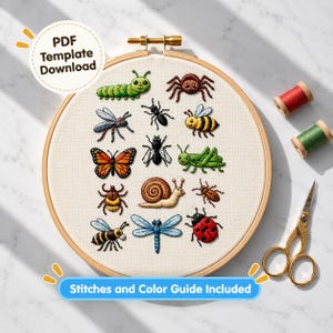 Tiny Bugs Collection Hand Embroidery, Bugs Embroidery Design, Instant download (PDF template)