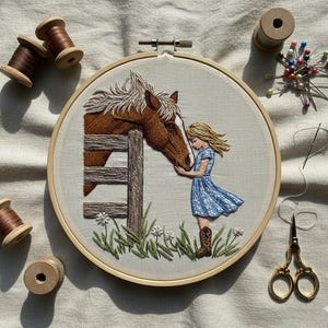 Op de afbeelding: Een geborduurd borduurwerk met een bruin paard en een meisje in een blauwe jurk. Het paard leunt over een houten hek en raakt de neus van het meisje aan. Madeliefjes en gras zijn aan de onderkant geborduurd. Spoelen met draad en naaispullen omringen de borduurring.