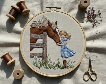 Diseño de bordado a mano de niña con caballo, archivo PDF de bordado de niña