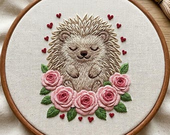 Hedgehog With Roses Embroidery Pattern, Floral Hedgehog Hand Embroidery Design, Hedgehog Design PDF Download