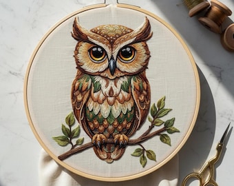 Owl on Branch Embroidery Pattern PDF | Realistic Bird Hand Embroidery Design | DIY Woodland Stitch Template