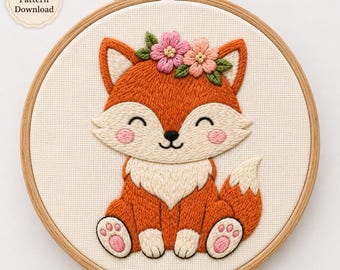 Fox Hand Embroidery Pattern / Instant Download PDF / Cute Baby Animal Tutorial / Floral Crown Hoop Art Woodland Nursery Decor Gift
