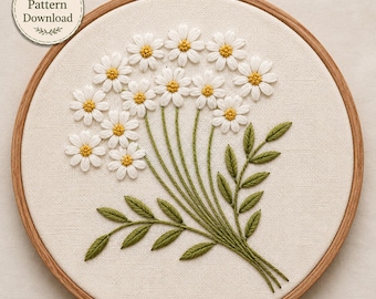 Daisy Bouquet Hand Embroidery Pattern / Instant Download PDF / Wildflower Chamomile Design / White Flower Hoop Art Summer Garden Gift