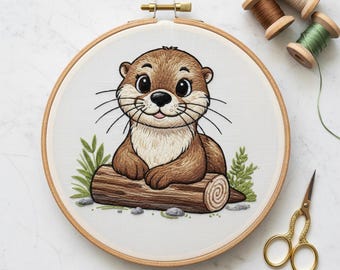 Cute Otter Embroidery Pattern PDF | Animal on Log Hand Embroidery Design | DIY Kawaii Stitch Template