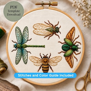 May include: An embroidery hoop containing white fabric with four stitched insects: a green dragonfly, a cicada, a bee, and a metallic green beetle. The text PDF Template Download and Stitches and Colour Guide Included are visible on the image.