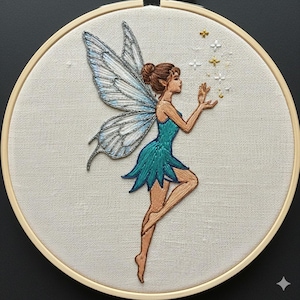 Puede incluir: Bordado de una hada en un aro de madera. El hada tiene cabello castaño, un vestido turquesa y alas azules y plateadas. Está extendiendo la mano para tocar varias estrellas pequeñas y brillantes. El fondo es de tela beige claro.