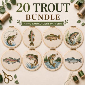 Peut inclure: Un ensemble de 20 motifs de broderie à la main sur le thème de la truite, présenté sous forme de huit cerceaux en bois circulaires. Chaque cerceau contient un motif de truite brodé sur un tissu blanc cassé, illustrant des poissons dans l'eau.