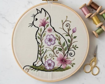 Florale Katze Stickmuster PDF | Handstickerei Design | DIY Natur Stickvorlage