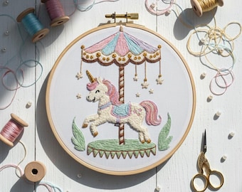 Whimsical Carousel Horse Embroidery Design, Carousel Horse Embroidery Template PDF File (Instant Download)