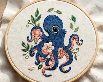 Floral Kraken Hand Embroidery Design, Floral Starfish Hand Embroidery Pattern, Ocean Animal Embroidery Design PDF Download