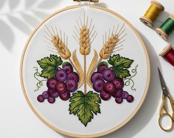 Diseño de bordado a mano de trigo y uvas, archivo PDF de bordado de uvas