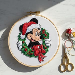Puede incluir: Arte de aro bordado con Mickey Mouse con gorro de Papá Noel, rodeado por una corona verde con bayas rojas y un lazo rojo. La obra de arte está sobre tela blanca, en un aro de madera. Una decoración navideña festiva.