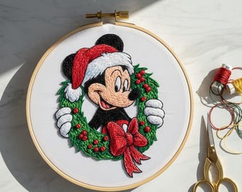Molde de Bordado em PDF para Guirlanda de Natal do Mickey Mouse | Desenho Festivo de Bordado à Mão da Disney | Modelo de Bordado para as Festas |